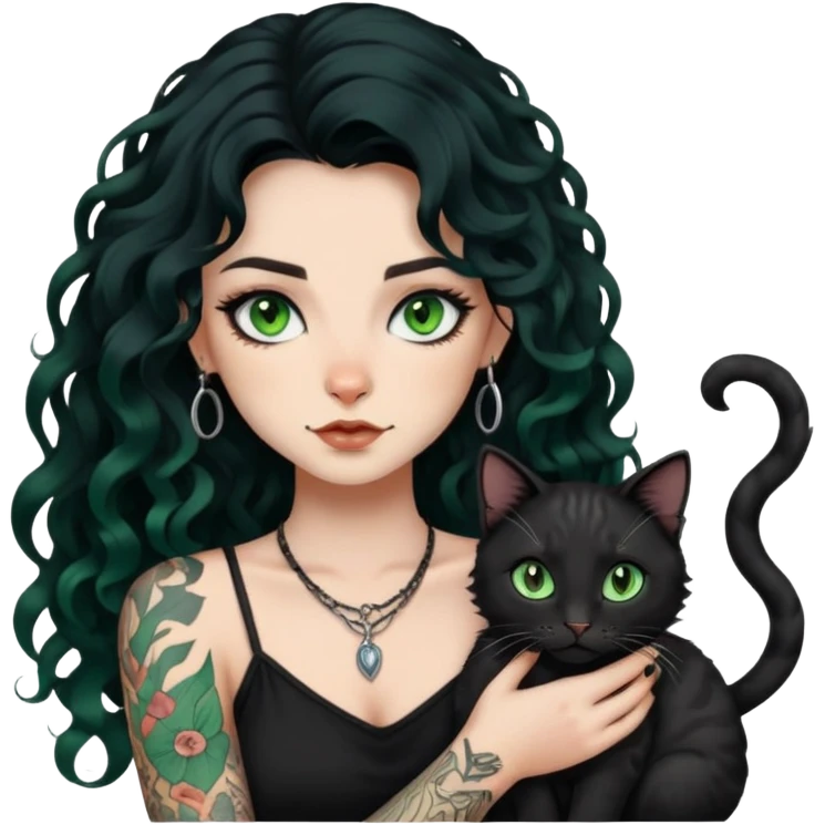 girl with long black Loose curls hair and tattoos and a light green eyes cat emoji