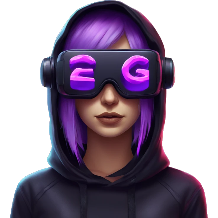Russian girl wearing black hoody with violet letters "OMG", in vr headset. Cyberpunk style. Violet neon. emoji