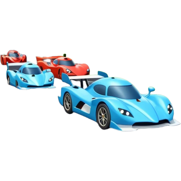 A busy highway with cute fast-moving racing cars with active aero canards surrounded by green fields and distant mountains under a bright blue sky emoji