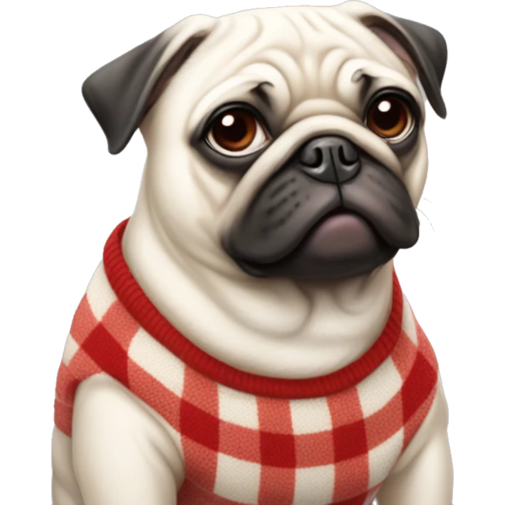 fully white pug wearing a red and white checkered sweater emoji