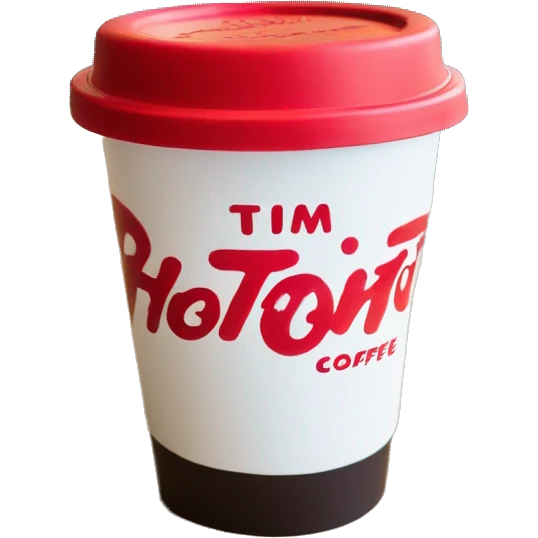 “Red Tim Hortons coffee cup with large white ‘Tim Hortons’ logo in script, black plastic lid, and a simple, clean design.” emoji