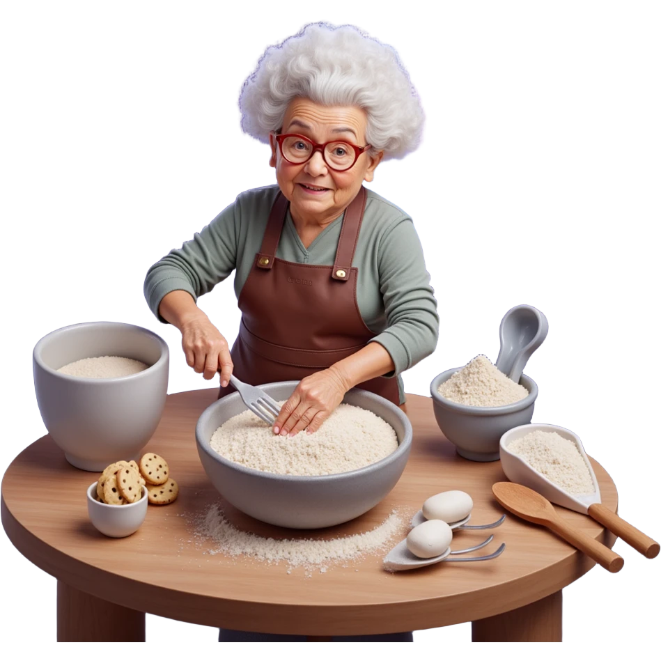Portrait of a cosmic grandma baking cookies among stars and galaxies, swirling nebula flour clouds, planetary mixing bowls, surreal space setting, emoji-style emoji