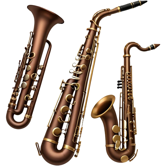 Create a refined and artistic emoji that represents wind instruments. The design should feature a collection of unique wind instruments, such as a bassoon, oboe, or French horn, arranged elegantly. Add elements like musical notes to symbolize the harmony and beauty of these instruments. Use colors like bronze, silver, and dark wood tones to reflect the classic nature of the instruments. The background should be transparent. emoji