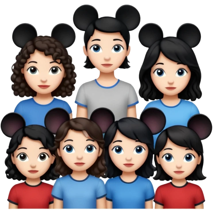 Algo de Disney y por detrás o delante pon a quatro chicas: una con el pelo largo rizado marrón , otra con el pelo muy corto negro, como un chico, otra con el pelo mediano liso marrón con ojos azulesy otra con el pelo negro largo liso . Todos son color carne. Es para el viaje emoji