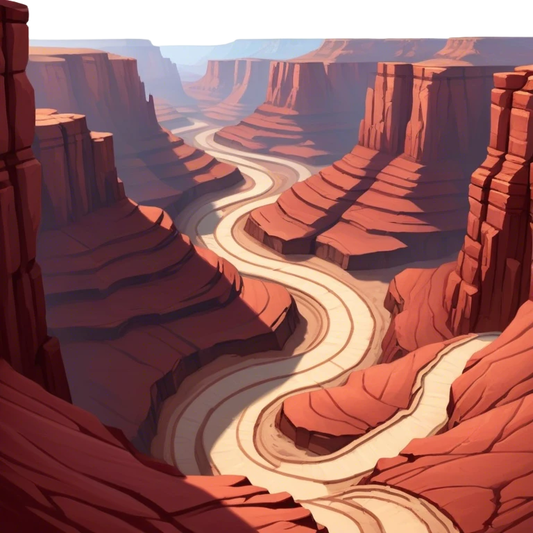 Cinematic Realistic Canyon Emoji, Vast and rugged, with deep red rock formations and winding paths leading down to a dry, dusty floor. Sunlight casts long shadows across the craggy surfaces, highlighting the layers of ancient rock. Soft glowing outline, capturing the essence of dramatic beauty and ancient history in a mighty canyon. emoji