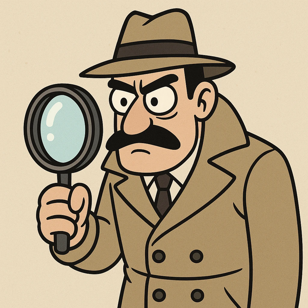 a cartoon-style inspector with a trench coat and hat, holding a magnifying glass emoji
