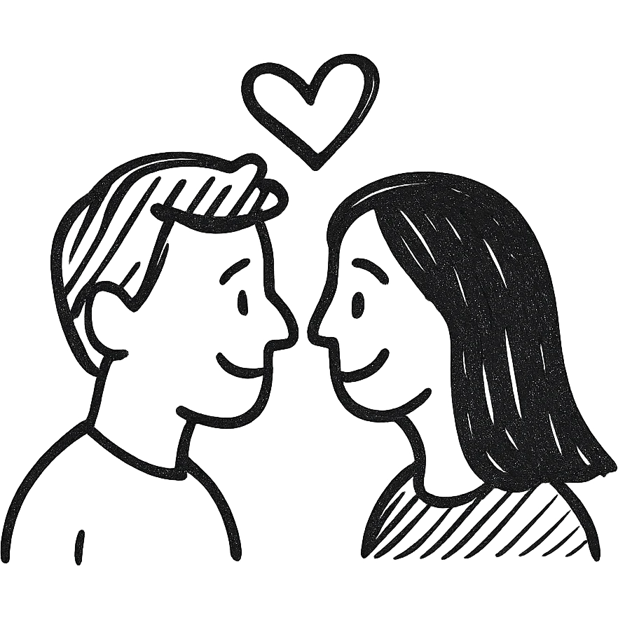white man with brown hair and white woman with black hair, in love emoji