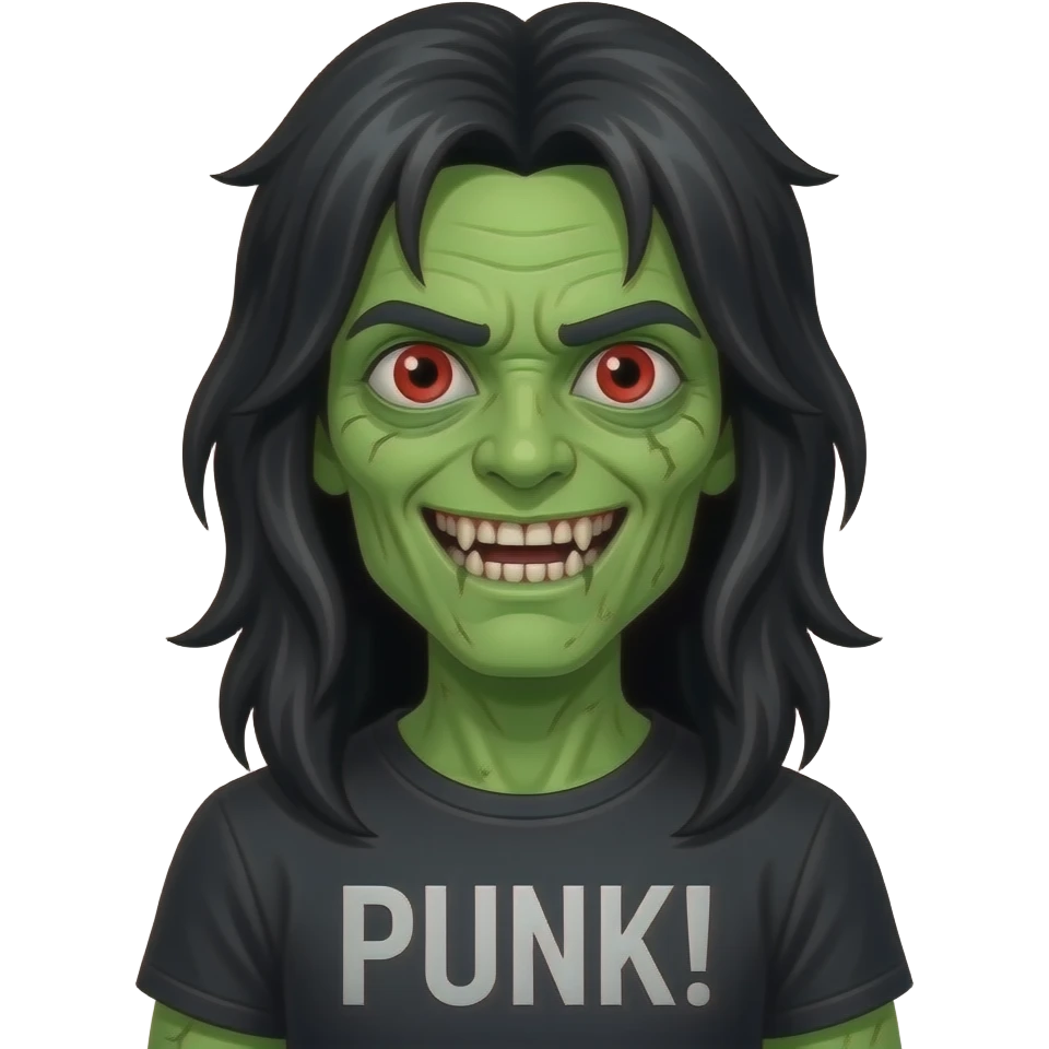 green zombie long black hair w braces and red eyes and shirt that says “punk!” emoji