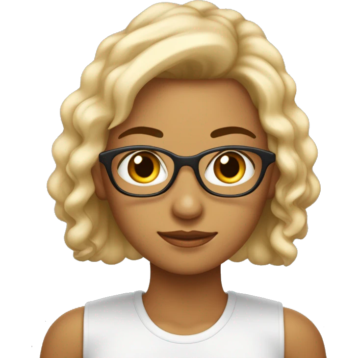 Mulher de pele branca, olhos cor de mel e cabelos cacheados de cor castanho claro, usando óculos dourado emoji