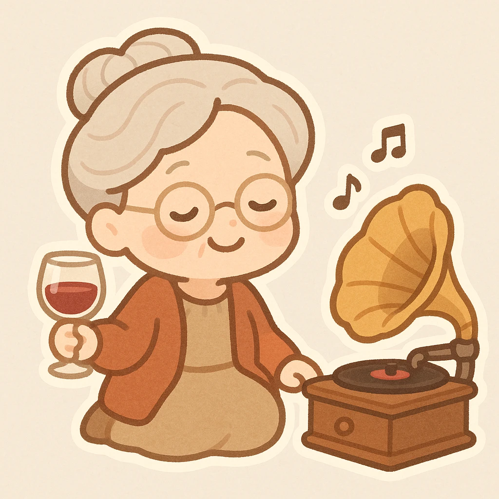 old lady with wineglass listening to gramophone emoji