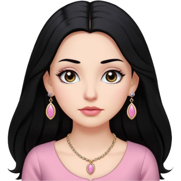 Menina branca ,cabelos pretos longos, olhos pretos puxados para cima. Cílios longos, lábios grossos ,nariz pequeno ,vestido rosa claro de alça. Colar e brinco bem pequeno emoji