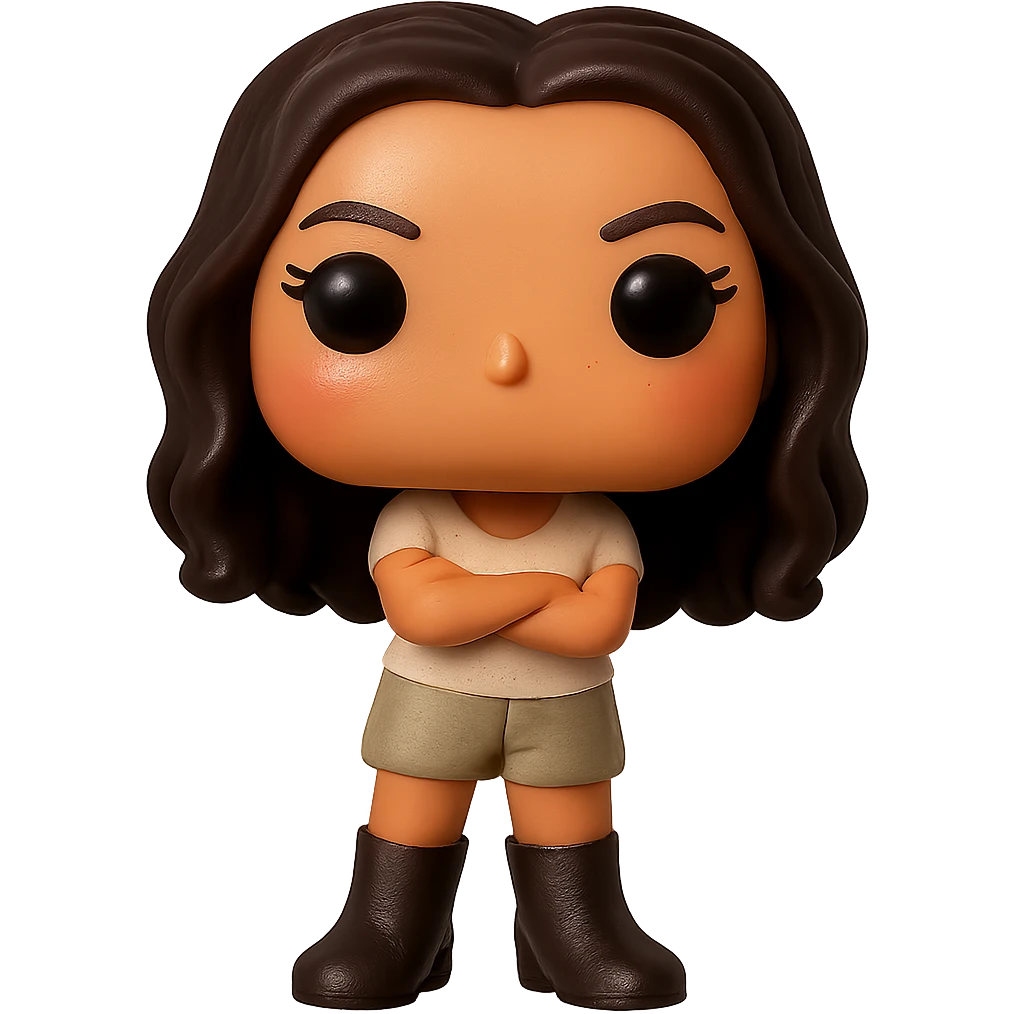 Enhance the quality of the image with smooth golden peach skin and a healthy glow, dark hair with subtle auburn highlights, dark greige leather boots, textured clothing (cream top, greige bottom), arms crossed, rosy cheekbones, very subtle freckles, no neck visible, eyebrows with a mischievous and playful expression, no mouth, transparent background. Maintain the original style and details from the reference image. emoji