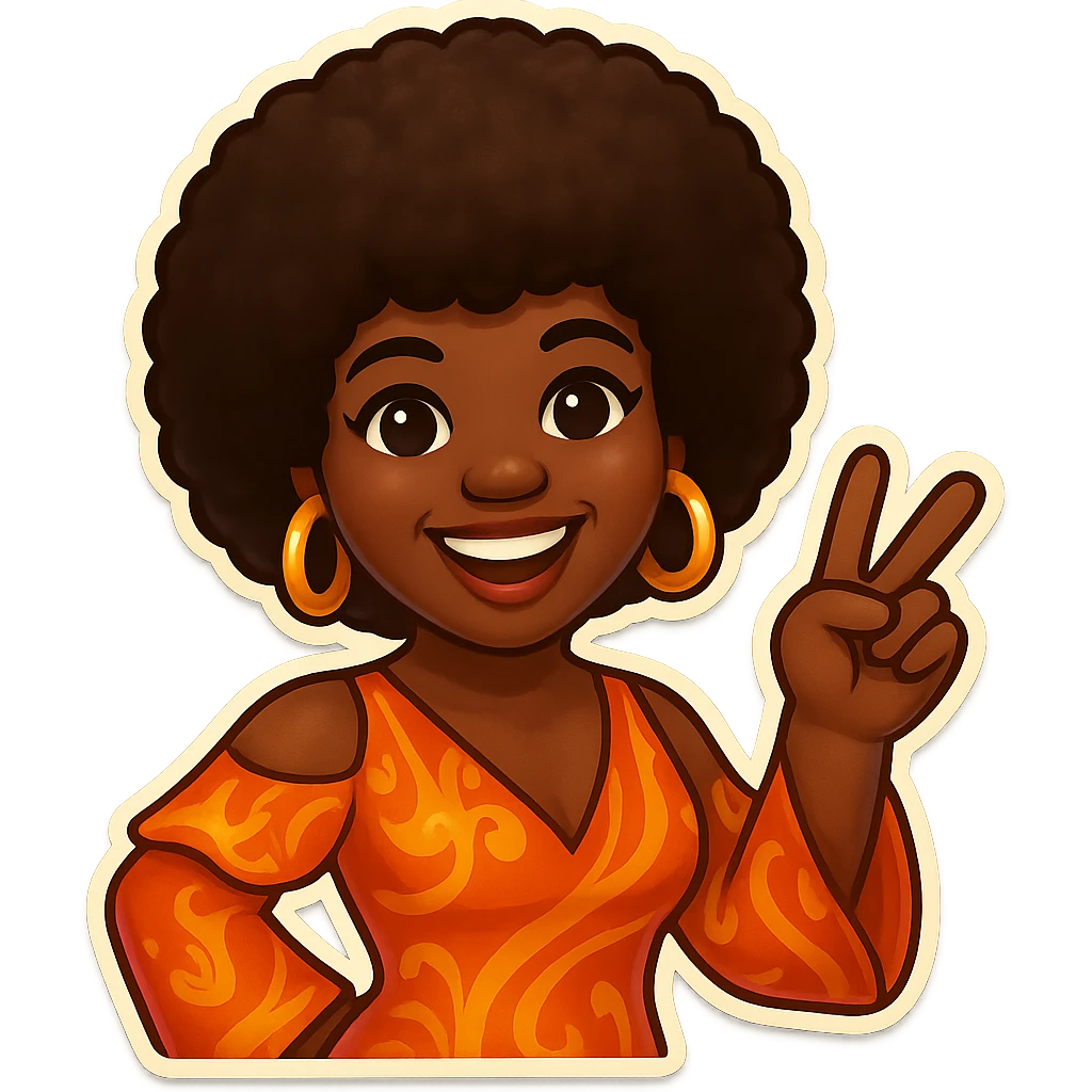 Create an emoji of a female African American in 1970s disco style with a pose with a peace sign, joyful expression, afro hairstyle, and a retro disco dress inspired by the reference. emoji