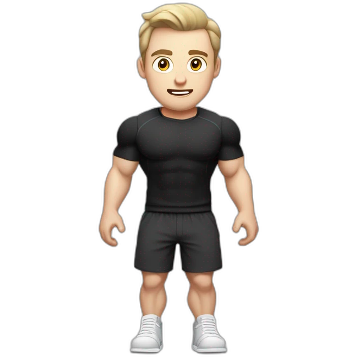 amazed Pale skinned Fit Man With the biceps and dark brown hair in black shirt, gray sports shorts and white Sneakers emoji