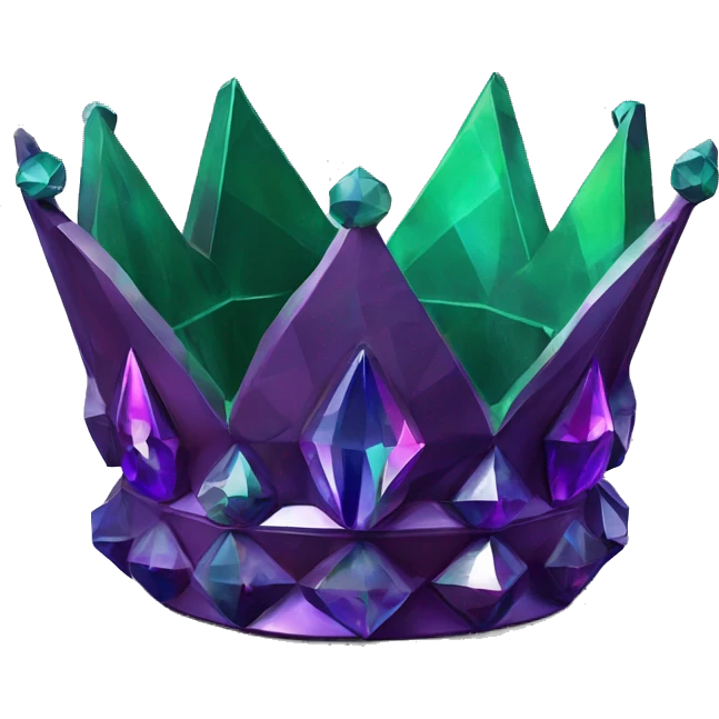 sculpture crown with a geometric faceted design. The crown is sparkling and standing upright on a base with angular and flower features. The vibrant dark purples and greens highlights the sharp edges and planes.  emoji