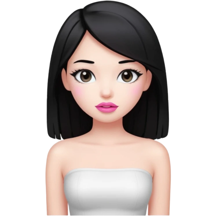 very pretty girl with black straight hair down to her waist, wearing pink lipstick, soft aura, white tube top emoji