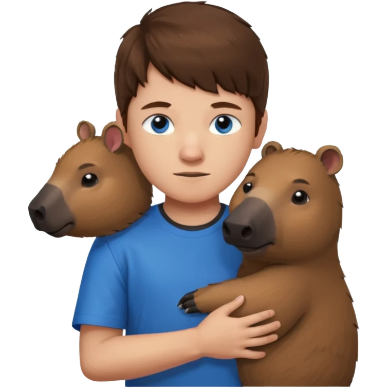 8 year old boy with brown hair and blue eyes and a minecraft shirt hugging a capybara  emoji
