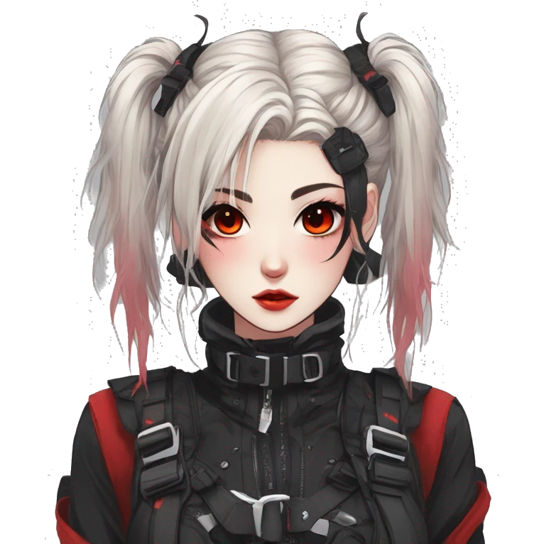 Gorgeous gothic techwear anime style lady with blushing face aesthetic and pretty edgy black red punk messy wild cute hair with collar and harness trending style emoji
