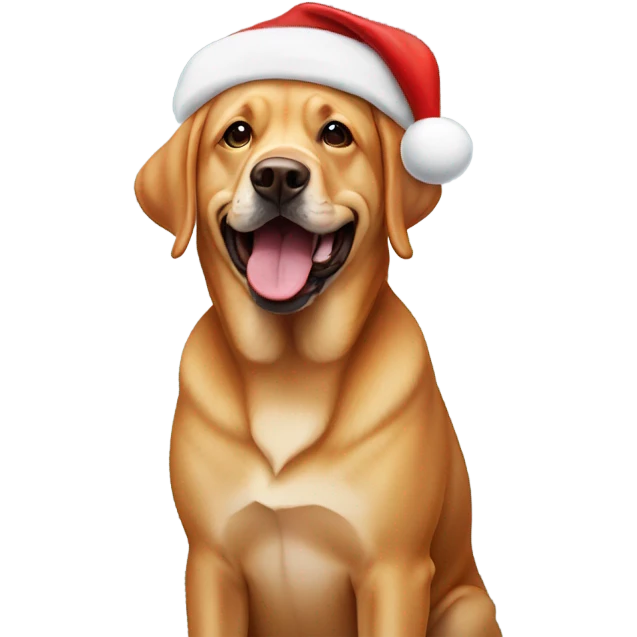 Red English lab wearing a Santa hat with it’s tongue out emoji