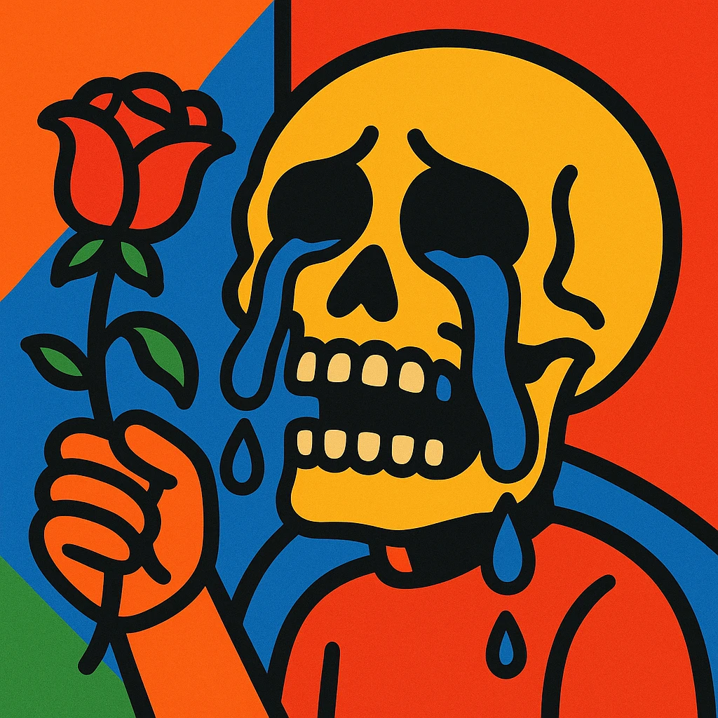 a skull crying with big streams of tears while holding a wilted rose, visually striking style, vibrant toon style emoji