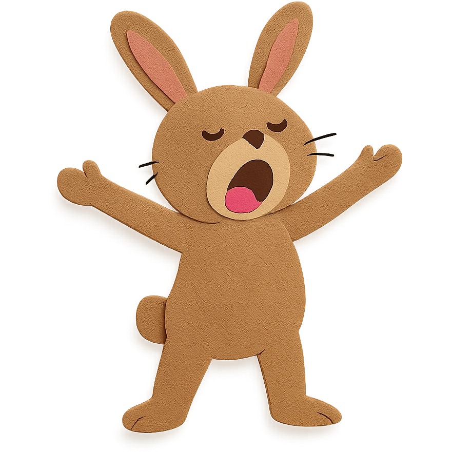 full-body brown bunny stretching arms wide yawning emoji