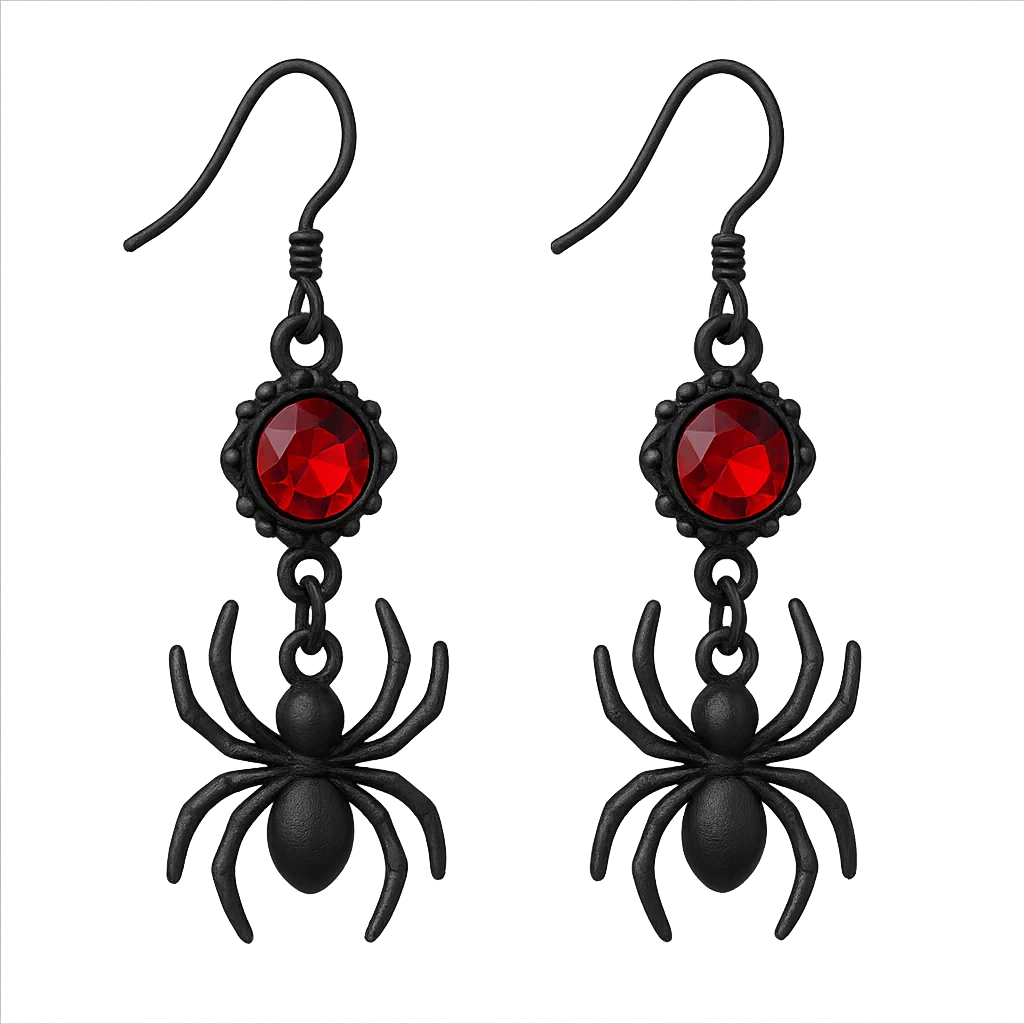 goth earrings with spider charm, black and red, creepy cute gothic emoji
