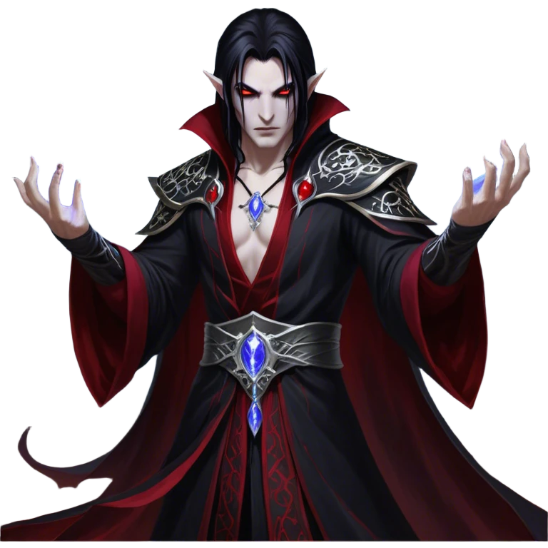 Cinematic Realistic WoW Vampire Mage Portrait, captured in a dynamic, battle-ready pose as he unleashes a torrent of arcane energy. His pallid skin and sleek dark hair contrast sharply with the flowing black robe adorned in silver filigree and glowing runes, while his crimson eyes radiate unyielding power. Rendered with intense, lifelike texture and dynamic, eerie lighting, high shine, embodying the fierce, relentless spirit of a dark sorcerer. emoji