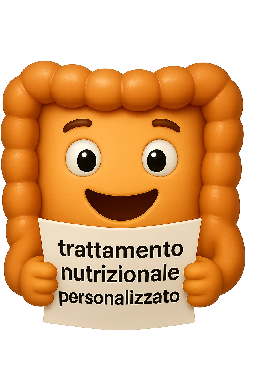 emoji stile iphone di un intestino felice che legge un foglio con la scritta "trattamento nutrizionale personalizzato", non fargli il naso, iperrealistico 4k emoji