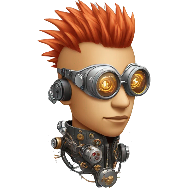 Light red Mohawk hair male cyborg head with white steampunk goggles and circuits emoji