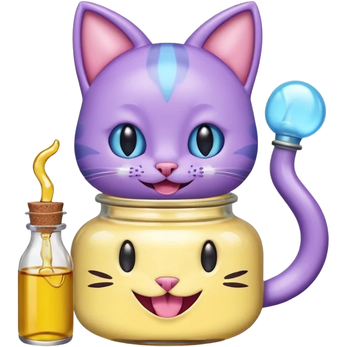 Smiling bottle of oil light purple top and light blue sticking tongue out and with cat ears emoji