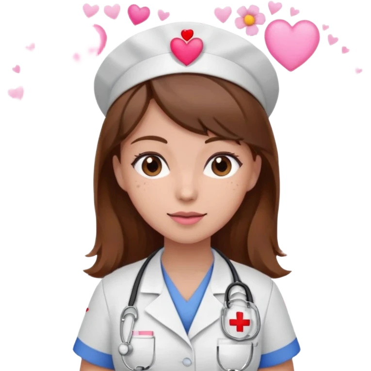 Brown hair Nurse with pink heart and flowers surround her in a random pattern emoji