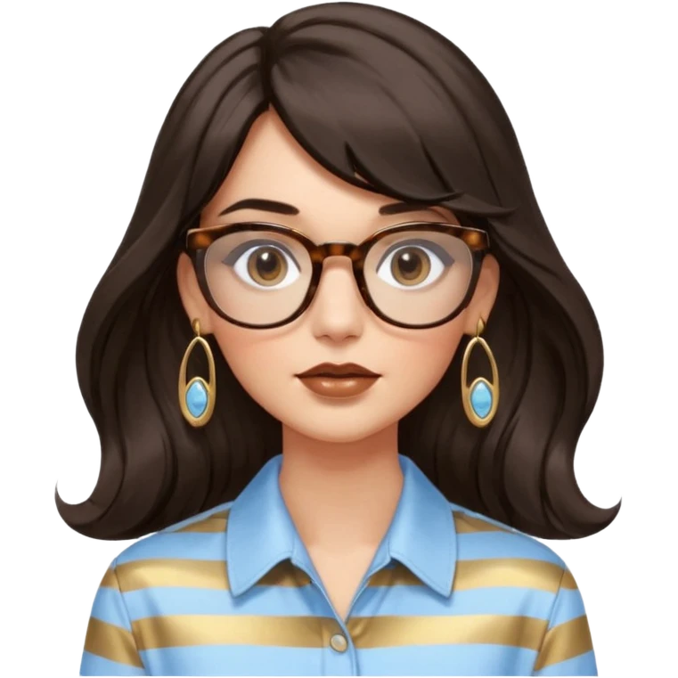 An emoji featuring a woman with long wavy dark brown hair and a whispy bang, wearing thick tortoise SQUARE glasses, gold drop earrings. She has long lashes and a nude browny glossy lipstick. She's wearing an oversize light blue shirt with white vertical strips. emoji