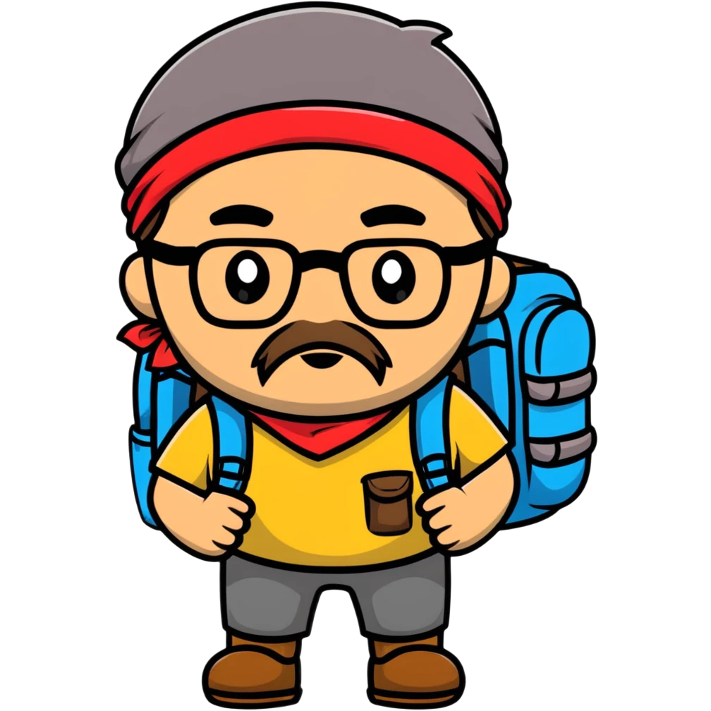 adventurer with goatee beard (no beard on cheeks), short hair, glasses, bandana on head and backpack emoji