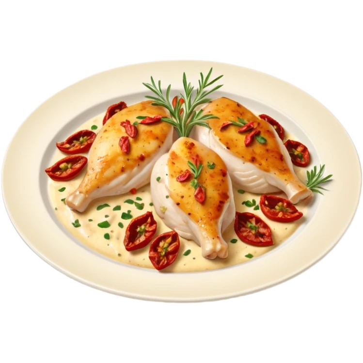 plate of Marry Me Chicken with golden seared chicken breasts in creamy sauce with sun-dried tomatoes and herbs on white plate emoji