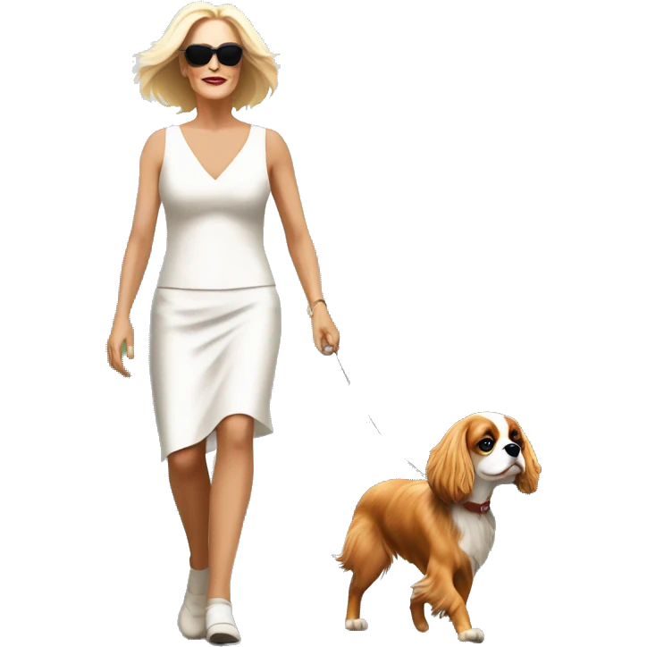 Sharon stone, basic instinct walking with cavalier King Charles spaniel  emoji