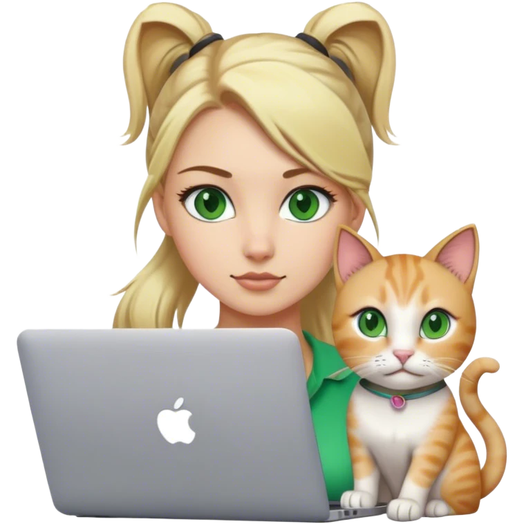 Blonde woman ponytail green eyes with cat and MacBook emoji