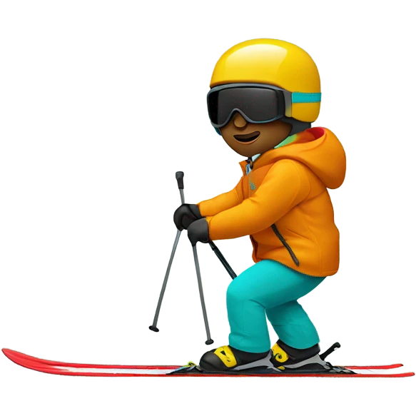 white man skiing in dark yellow orange jacket and red helmet and turquoise pants emoji