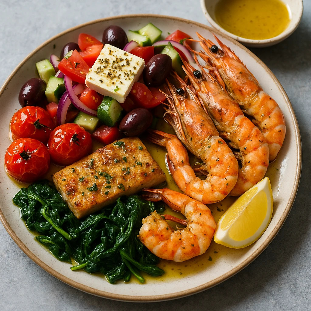 realistic Mediterranean meal plate with seafood, vegetables, and olive oil, vibrant colors emoji