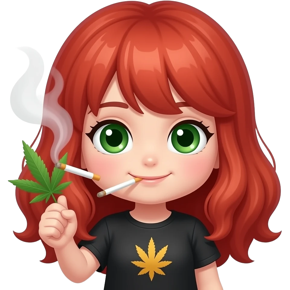 Ruby red haired chibi girl with green eyes smoking weed and holding a✌️ emoji