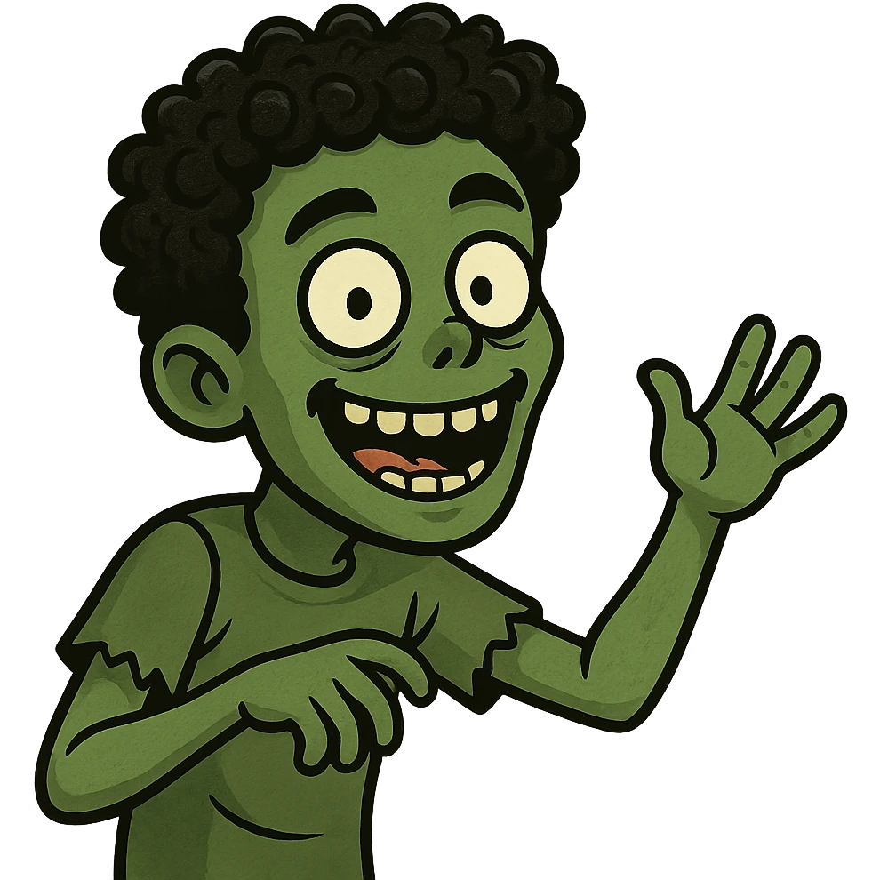green zombie with black coily hair, lively expression emoji