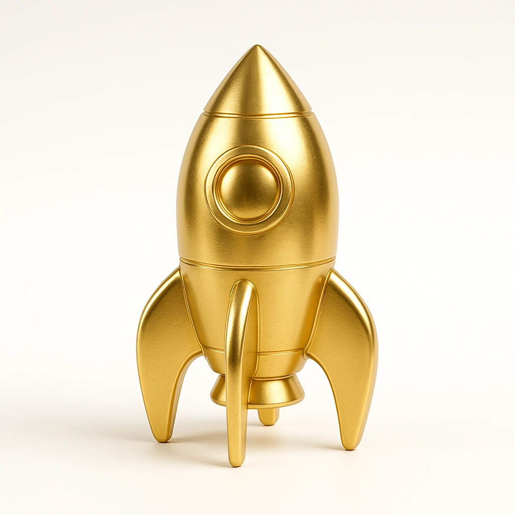 golden rocket ship, metallic shine, gold objects style emoji