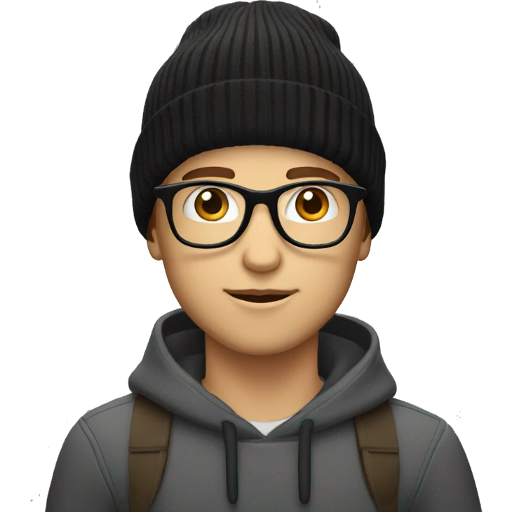 white boy with black reading glasses and a beanie emoji