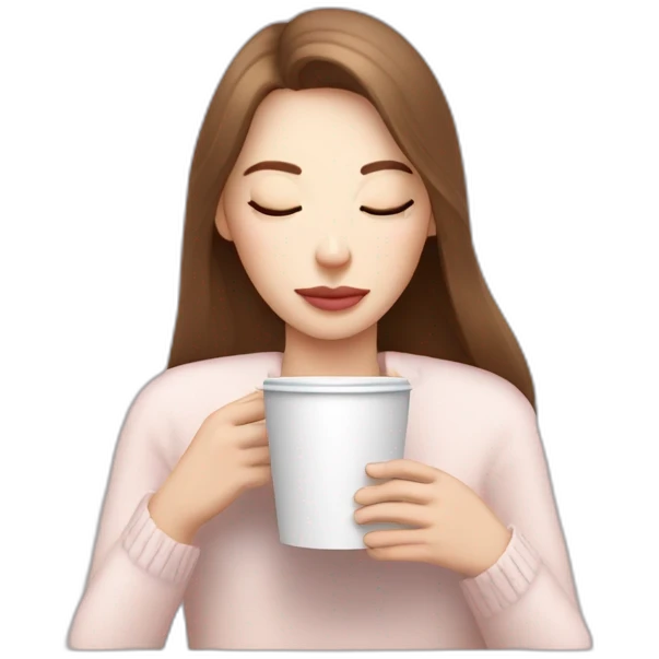 woman with pale skin and brown long thin hair wearing a white woolly shirt drinking coffee from a light pink takeaway cup eyes closed emoji