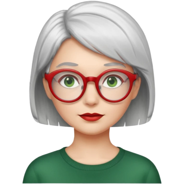 visage femme a lunettes pas épaisse ronde rouge avec cheveux courts gris-blancs aux yeux verts emoji