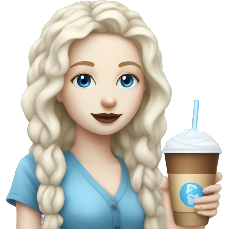 Pale skin girl with blue eyes drinking ice latte  emoji