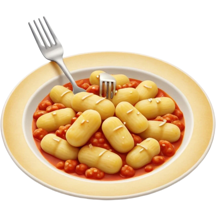 Gnocchi Cinematic Realistic Gnocchi Dish Emoji, depicted as tender oblong potato gnocchi garnished with iconic fork marks on top, rendered with soft textures and warm, inviting lighting. add red sauce emoji