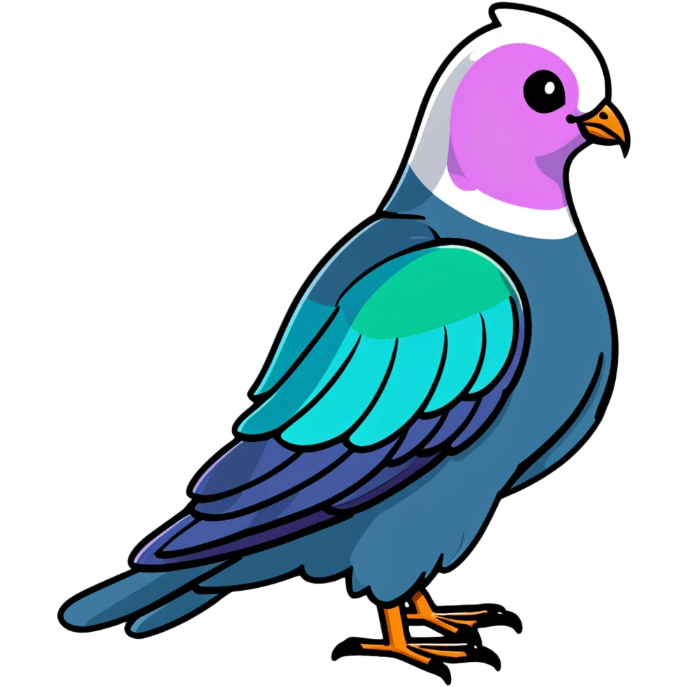 Nicobar pigeon with colorful iridescent plumage, distinctive long neck feathers, and white tail emoji