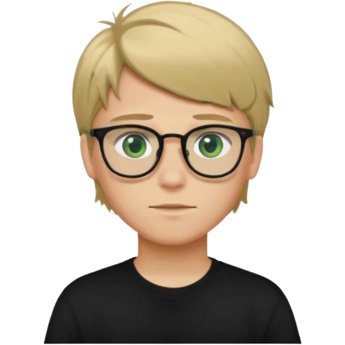 Generate me a profile picture like with a teenage boy who has dirty blond hair, green eyes, glasses and a black t-shirt emoji