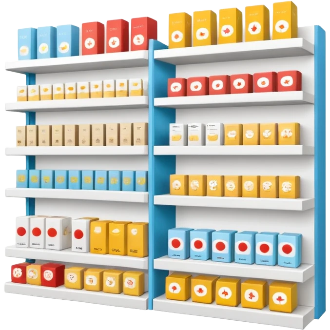 "Minimalist Japanese shelf display, identical products placed directly behind one another (same items stocked in depth), different product types arranged side by side, clean spacing, precise symmetry, soft neutral lighting, front-facing packages, ultra-detailed." emoji