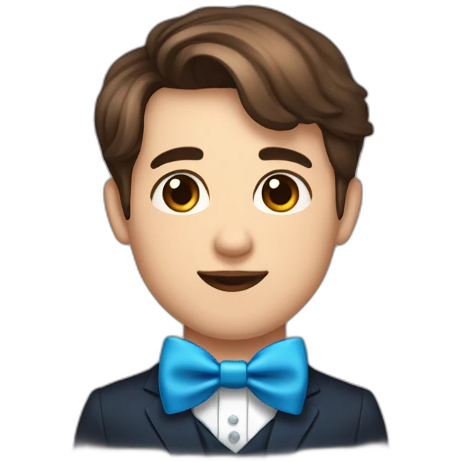 A obèse young male tennager with a beauty spot on chin with a round face and very short brown hair and a mole on chin wearing a blue bow tie emoji